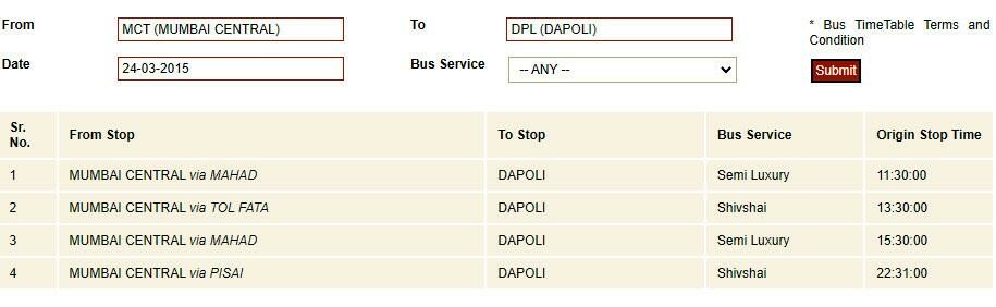 Dapoli from Mumbai bus timetable