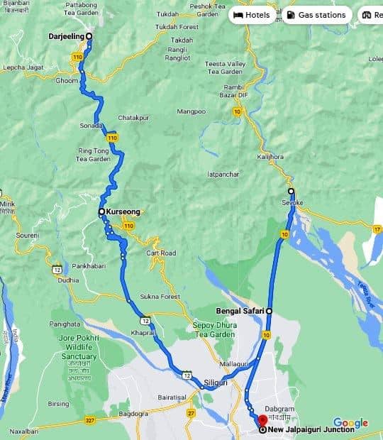 Kurseong to Darjeeling tour map