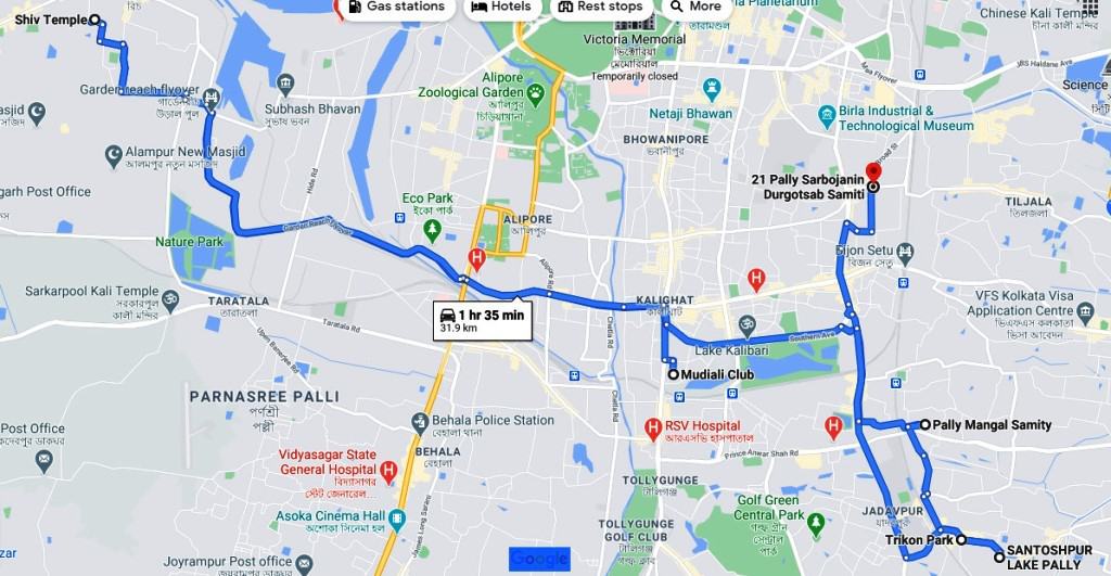 Pandal of Durga Puja in Kolkata south map 